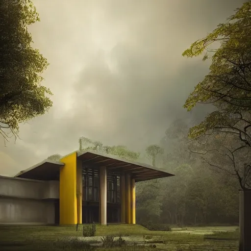 Prompt: modernist house inspired by a tibetan palace between big trees, yellow clouds, dramatic lighting, artstation, matte painting, raphael lacoste, simon stalenhag, frank lloyd wright, zaha hadid