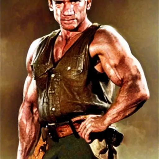 Prompt: indiana jones but played by arnold schwarzenegger with terminator hairdo
