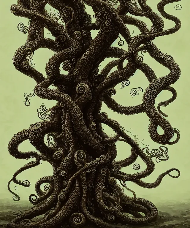 Prompt: a tree made of tentacles, fantasy, intricate, elegant, highly detailed, digital painting, artstation, concept art, matte, sharp focus, illustration, art by keith thompson and christopher lane