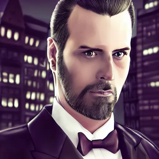 Image similar to urban fantasy butler that looks similar to michael kane, handsome, photorealistic, 4 k, oil painting filter, balding, well dressed, pet rat on shoulder