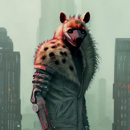 Image similar to new york city portrait of furry anthro anthropomorphic spotted hyena head animal person fursona wearing clothes strange cybernetic muzzle gloomy rainy screenshot from the video game cyberpunk 2077 digital art by Greg Rutkowski, Simon Stalenhag, christopher nolan trending on Artstation, CGSociety