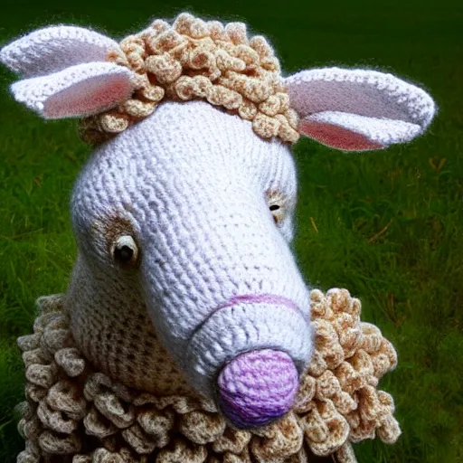 Prompt: realistic photo of a sheep crocheted out of wool, digital art