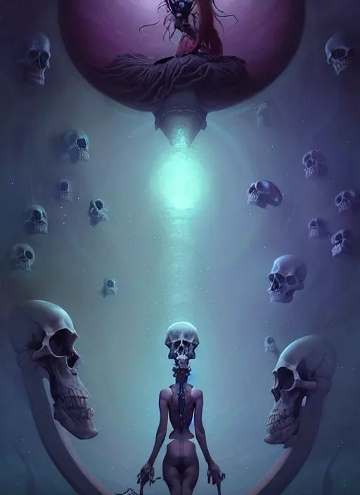 Image similar to shackled in the void, by hr beeple and cgsociety. stunning goddess of sasquatch, charlie bowater and tom bagshaw, insanely detailed, artstation, space art. atoms surrounded by skulls and spirits deep under the sea, horror, sci - fi, surrealist painting, by peter mohrbacher