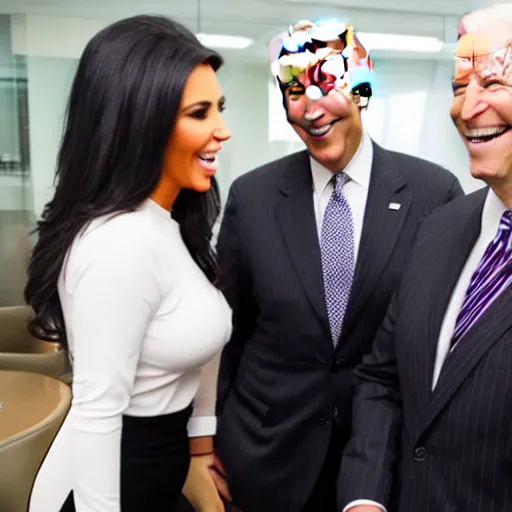 Image similar to stock photo of kim kardashian, joe biden, and bill gates wearing suits and ties laughing in an office building, 8k resolution, full HD, cinematic lighting, award winning, anatomically correct