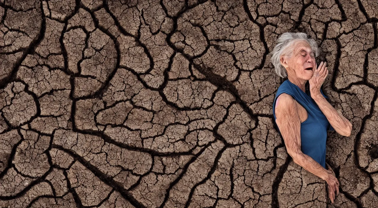 Image similar to close-up of a 65-year-old Gaia, crying calmly, facing the camera and standing in front of a dried up river in a desolate land, dead trees, blue sky, hot and sunny, highly-detailed, elegant, dramatic lighting, artstation, 4k, cinematic landscape, photograph by Elisabeth Gadd