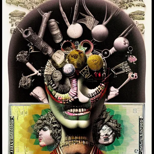 Image similar to post - punk new age album cover, asymmetrical design, frame of a dollar bank notes, capitalism, magic, apocalypse, psychedelic, black white pink, magic, giger h. r., giuseppe arcimboldo