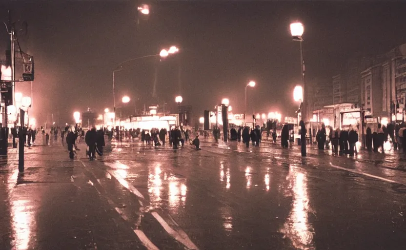 Image similar to 60s movie still of a sovietic street with many pedestrians with stalinist style highrise, Cinestill 800t 18mm, heavy grainy picture, very detailed, high quality, 4k panoramic, HD criterion, dramatic lightning, streetlight at night, rain, mud, foggy, soviet flags
