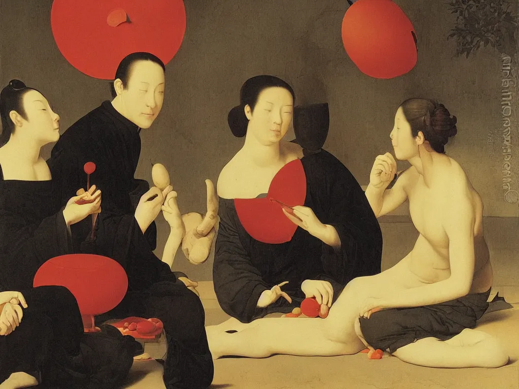 Image similar to portrait of man and woman in zen meditation, with giant lollipop. painting by georges de la tour