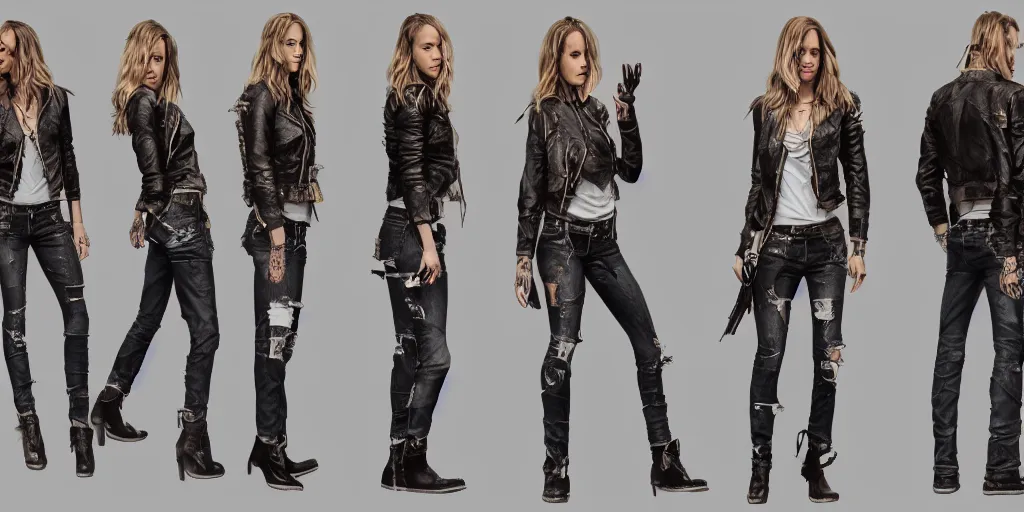 Image similar to full body portrait halston sage as a tattooed wanderer, wearing scratched and ripped short leather jeans, wearing an aviator jacket, character sheet, fine details, props, concept design, contrast, kim jung gi, greg rutkowski, trending on artstation, 8 k, full body, turnaround, front, back, ultra wide angle