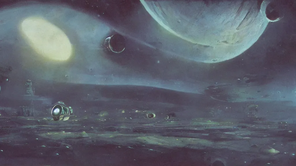 Image similar to eerie atmospheric alien planet with a small dropship pod landing by paul lehr and jack gaughan and john schoenherr, epic cinematic matte painting