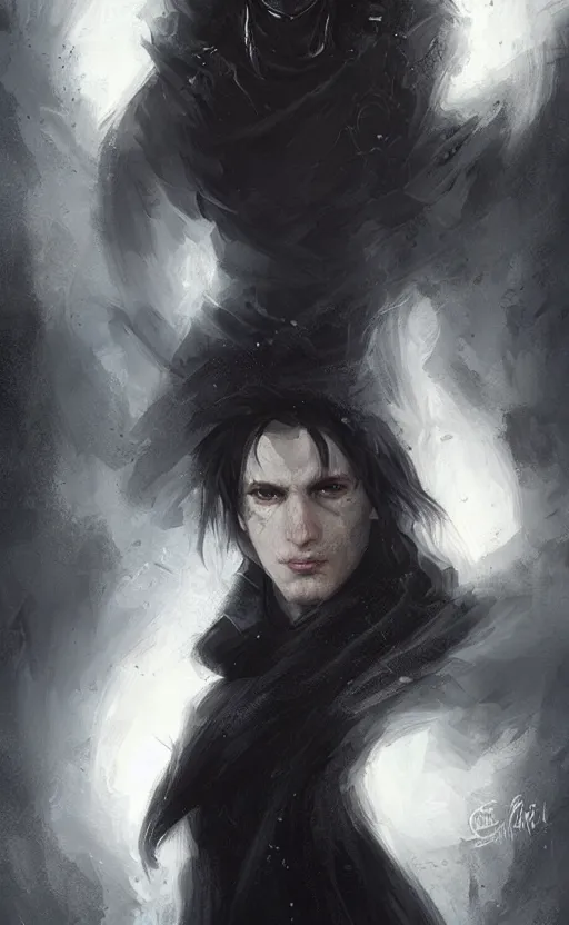 Image similar to Portrait of an elf in a black cloak, black hair, glowing eyes, male, detailed face, fantasy, highly detailed, cinematic lighting, digital art painting by greg rutkowski