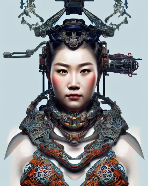 Image similar to portrait of a machine from horizon zero dawn, machine face, upper half portrait, decorated with chinese opera motifs, asian, bian lian, traditional chinese art, intricate, elegant, highly detailed, symmetry, digital painting, artstation, concept art, smooth, sharp focus, illustration, art by artgerm and greg rutkowski and alphonse mucha, 8 k