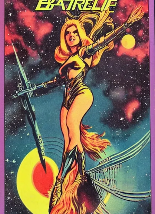 Prompt: Beautiful female powerful epic space sorceress with long hair in 'Barbarella', retro science fiction cover by Jon Steranko and Kelly Freas (1965), vintage 1960 print, tarot card, vivid, highly detailed