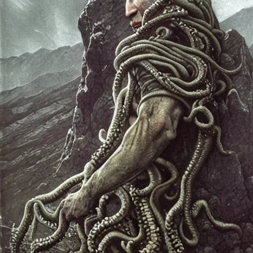 Image similar to A detailed gray-eyed tentacleheaded Putin stands among the mountains with a pebble in hands. Wearing a ripped mantle, robe. Extremely high details, realistic, fantasy art, solo, masterpiece, art by Zdzisław Beksiński, Arthur Rackham, Dariusz Zawadzki