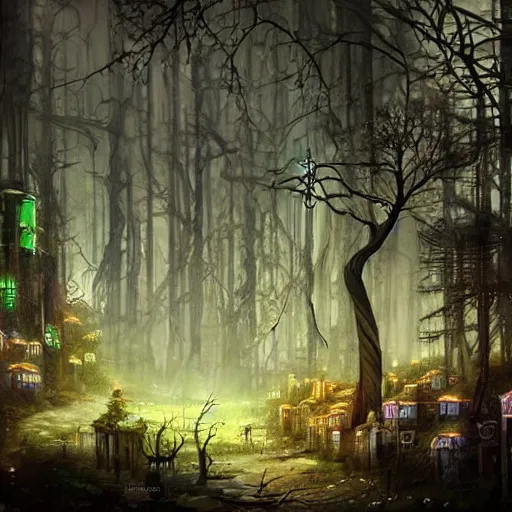 Prompt: A village in fairy tale forest in the style of cyberpunk in the style of dark fantasy art Trending on artstation DeviantArt Pinterest detailed realistic HD 8k High Resolution