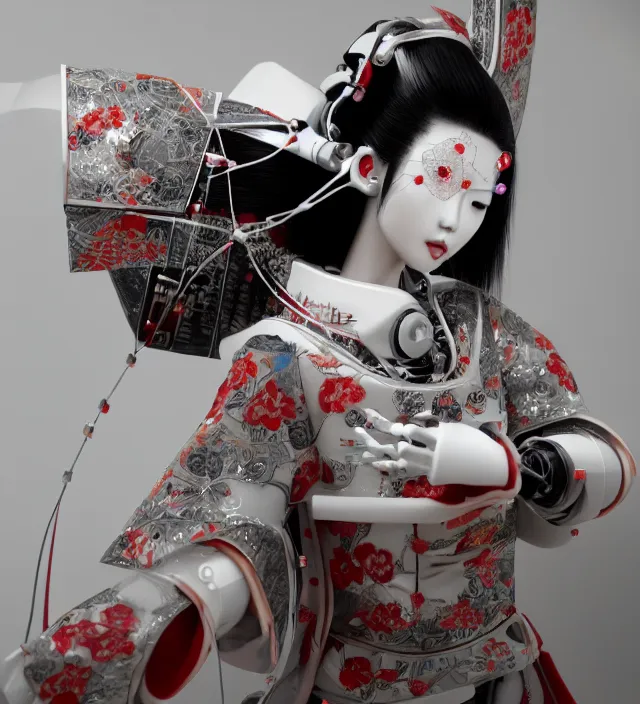 Prompt: portrait of a beautiful japanese robotic geisha with wires and actuators, kanji tattoos and decals, dramatic lighting, hyper - realistic, ultra - realistic, intricate details, japanese model, 8 k ultra high definition, octane render