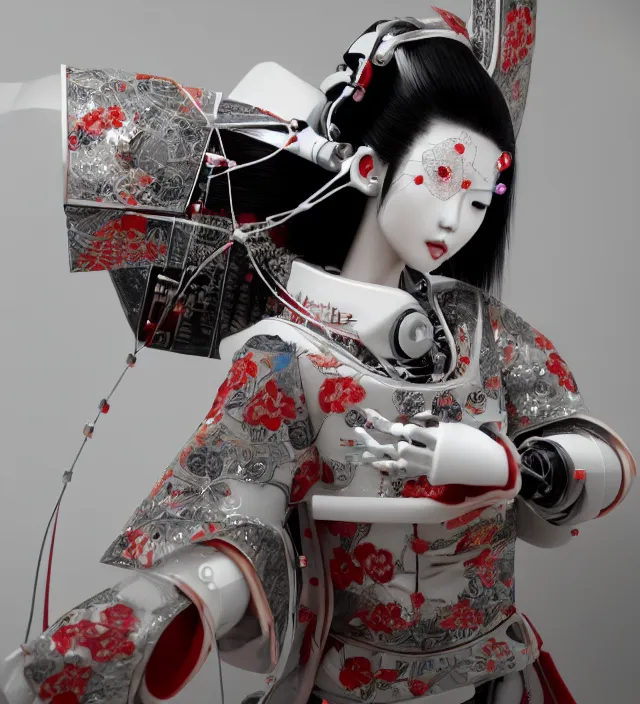 Image similar to portrait of a beautiful japanese robotic geisha with wires and actuators, kanji tattoos and decals, dramatic lighting, hyper - realistic, ultra - realistic, intricate details, japanese model, 8 k ultra high definition, octane render