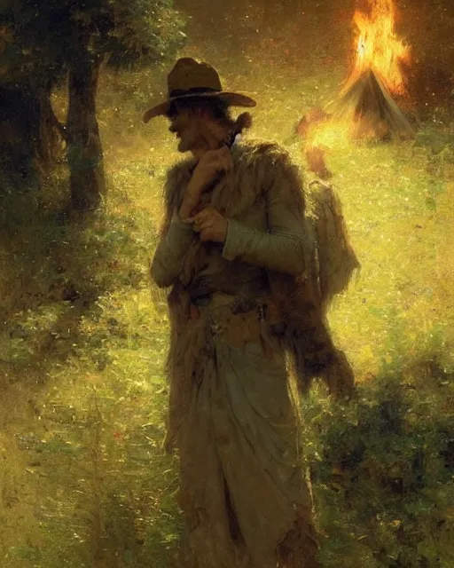 Image similar to very very attractive man counts the stars from beside the fire, his tent is nearby, melancholy, nostalgia, painting by gaston bussiere, craig mullins, j. c. leyendecker