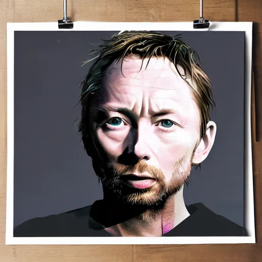 Image similar to photograph of print of thom yorke picture on a table, hyper realistic, variations of thom yorke, high quality photograph, mixed styles, intricate details, diverse