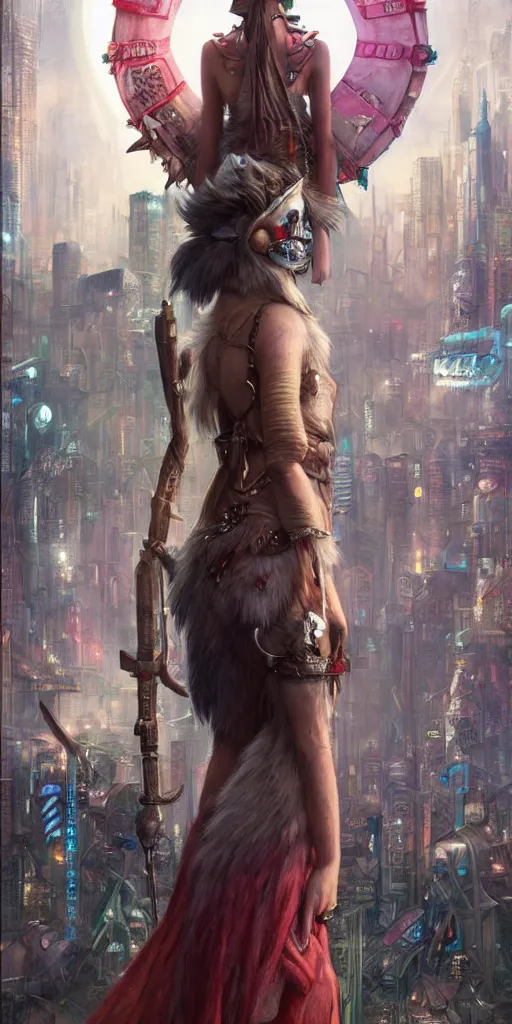 Image similar to hyper realistic Princess Mononoke with her mask, busy cyberpunk metropolis, city landscape, jewels, style of tom bagshaw, mucha, james gurney, norman rockwell, denoised, sharp