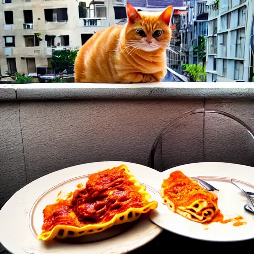 Prompt: fat orange tabby cat eating lasagna on a table, afternoon, by michelangelo neighborhood outside window