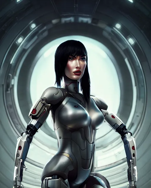 Prompt: weta movie still portrait photo of megan fox as the major ghost in the shell as cyborg woman by pixar, by weta, wlop, ilya kuvshinov, rossdraws, artgerm, maxim cover, latex, sweaty, iridescent, bright morning, anime, liosh, mucha