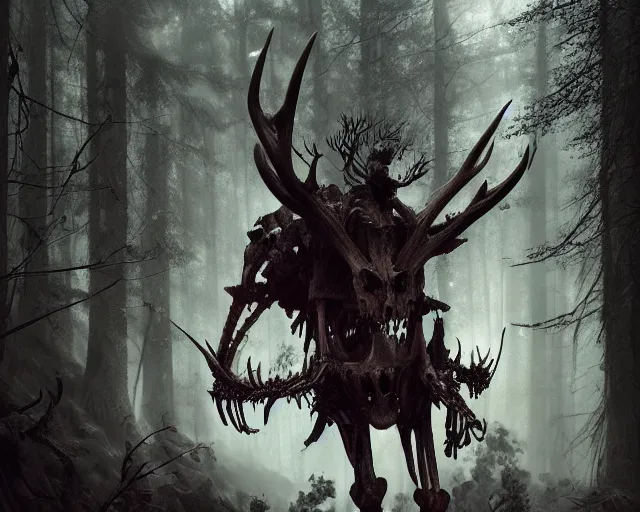 Image similar to 5 5 mm portrait photo of an armored demonic skeleton with antlers, in a magical forest. dark atmosphere. art by greg rutkowski. highly detailed 8 k. intricate. lifelike. soft light. nikon d 8 5 0.