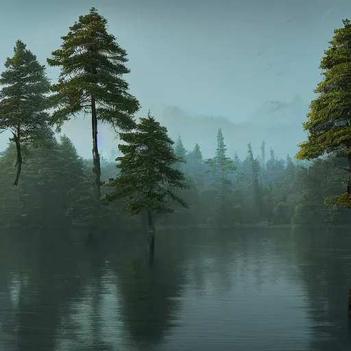 Image similar to a painting of a landscape with trees and a body of water, a detailed matte painting by Stanley Twardowicz, featured on polycount, ecological art, rendered in unreal engine, matte painting, unreal engine 5