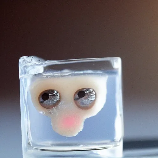 Image similar to an ice cube with a comically sad face crying