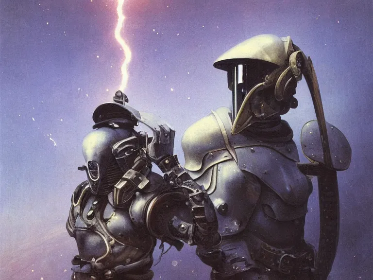 Image similar to a detailed profile painting of a bounty hunter in polished dieselpunk armour and visor. Fencing mask and shroud. cinematic sci-fi poster. Cloth and metal. Welding, fire, flames, samurai Flight suit, accurate anatomy portrait symmetrical and science fiction theme with lightning, aurora lighting clouds and stars. Clean and minimal design by beksinski carl spitzweg giger and tuomas korpi. baroque elements. baroque element. intricate artwork by caravaggio. Oil painting. Trending on artstation. 8k