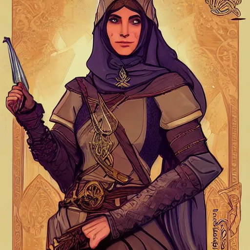 Prompt: Emeth the elven desert bandit. Arabian style. Epic portrait by james gurney and Alfonso mucha (lotr, witcher 3, dnd, dragon age, gladiator, scoia'tael). Practical light armor.