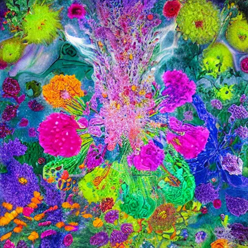 Prompt: This illustration is a large canvas, covered in a wash of color. In the center is a cluster of flowers, their petals curling and twisting in on themselves. The effect is ethereal and dreamlike, and the overall effect is one of serenity and peace. by Pipilotti Rist, by Tom Hammick, by Heather Theurer blocks