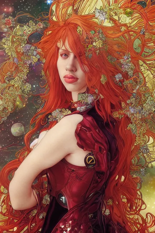 Image similar to celestial scarlett johansson anthropomorphic irish setter, by artgerm and yoshitaka amano and moebius and alphonse mucha, hyperdetailed, dc comics, ornate, nebula, explosions in the sky, trending on artstation