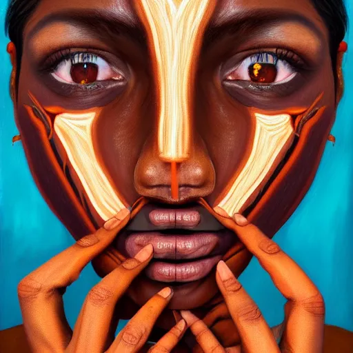 Image similar to a painting of a brown womanterrified of three brown men, hyperrealistic faces, detailed digital art, aesthetic!, trending on artstation, anatomically correct face and fingers