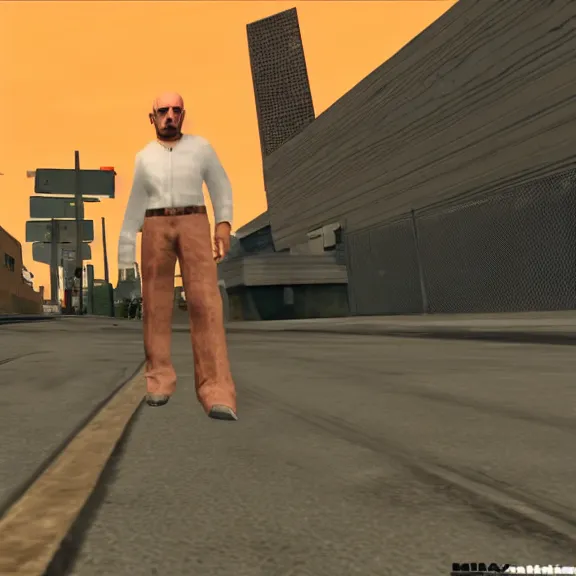 Image similar to Mike Ehrmantraut in Los Santos, screenshot from the PS2 version of GTA San Andreas, orange sky