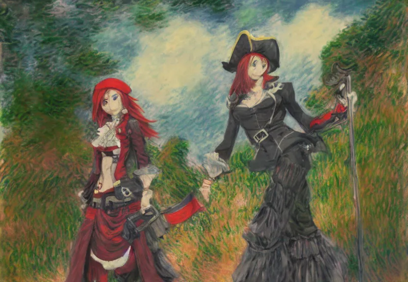 Image similar to wide angle perspective of a female pirate, centered, single subject, a thrifty uniform, somewhat of an anime in impressionist style, trending artwork, made with anime painter studio, by claude monet and an anime artist, collaboration