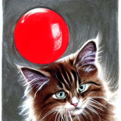 Image similar to long - haired siberian cat playing with a red yarn ball, illustration, charcoal, simon bisley