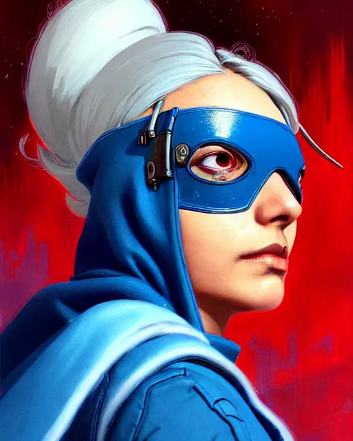 Image similar to ana from overwatch, eye patch, white hair, hooded blue cloak, character portrait, portrait, close up, concept art, intricate details, highly detailed, vintage sci - fi poster, in the style of chris foss, rodger dean, moebius, michael whelan, and gustave dore