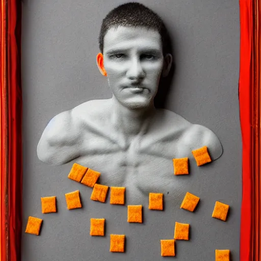 Prompt: A realistic looking man made out of Cheez-Its, artistic photo, award winning photo,