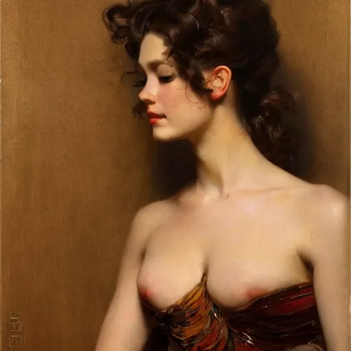 Image similar to portrait of a beautiful woman, intricate, elegant, highly detailed, by ruan jia, gil elvgren, greg manchess, mucha