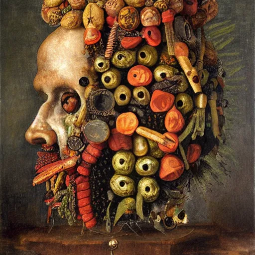 Prompt: a smoky head made out of grenades by giuseppe arcimboldo, oil on canvas