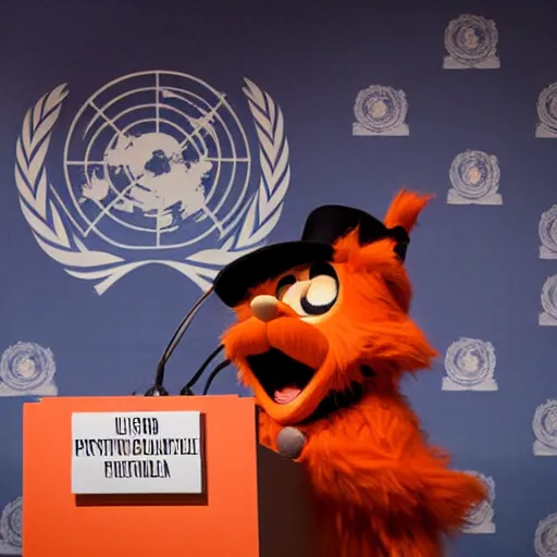 Image similar to Gritty the Philadelphia Flyers mascot delivering a speech at the United Nations