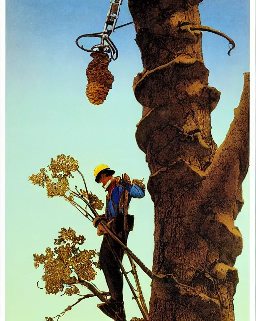 Prompt: a hornet nest on a telephone pole and a lineman working on the pole. full color lithograph by maxfield parrish