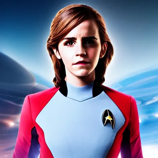 Image similar to a full body portrait of emma watson as a star fleet officer from star trek next generation, ultra rendered extreme realism and detail, 8 k, highly detailed, realistic, completely framed, hyper realistic, colorful, direct lighting, 3 5 mm photo, photorealistic, sharp focus