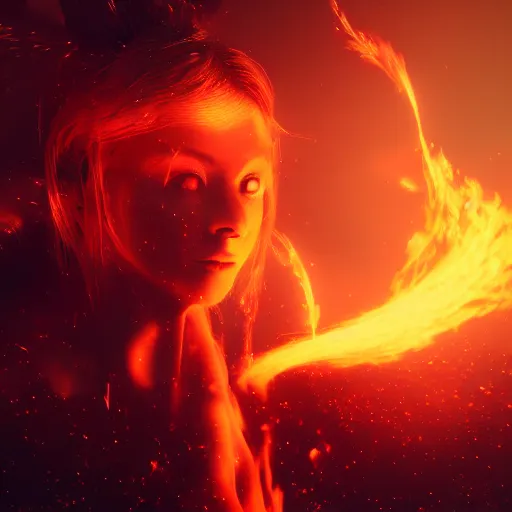 Image similar to portrait of a fire sprite, flames, dark, red glowing background lighting, hyper detailed, fairy tale, 4 k octane render