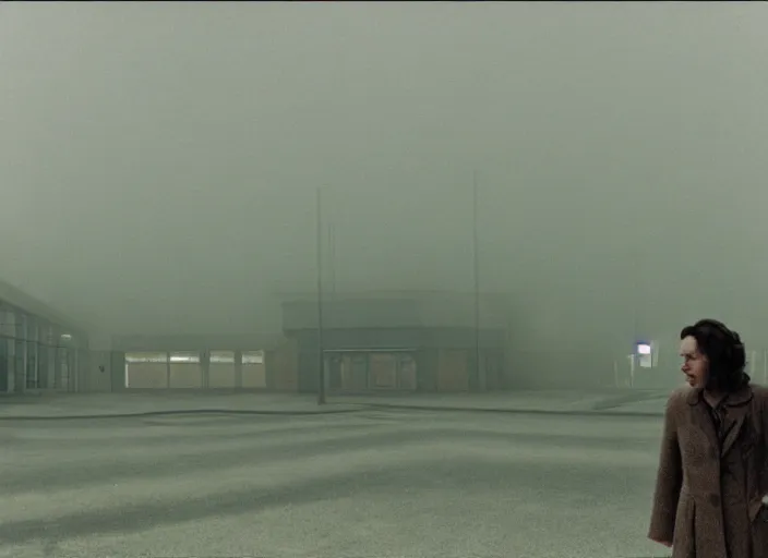 Image similar to cinematic portrait of olivia coleman standing outside in a foggy desolate eerie department store empty parking lot, one car, paranoia everywhere, scene from the tense thriller film directed by stanley kubrick, detailed portrait photo, volumetric hazy lighting, anamorphic lens, moody cinematography, 3 5 mm kodak color ektochrome