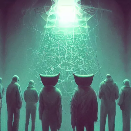 Prompt: lovecraftian group portrait of the psychosocial dark confrery cult, summoning terrible odds, highly detailled, layered networks of virtual data, by roger deakins, by beeple, by artgerm, by beksinski, by francis bacon, ultrarealism, 4 k, masterpiece