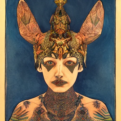 Image similar to the moth crown, by Annie Swynnerton and Nicholas Roerich, bioluminescent skin, tattoos, elaborate costume, geometric ornament, symbolist, smooth, sharp focus, extremely detailed, featured on artstation