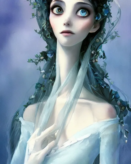 Prompt: elegant mysterious solemn victoria everglot from the corpse bride, portrait, illustration, rim light, top light, summer clear blue sky, perfectly shaded, soft painting, art by krenz cushart and wenjun lin