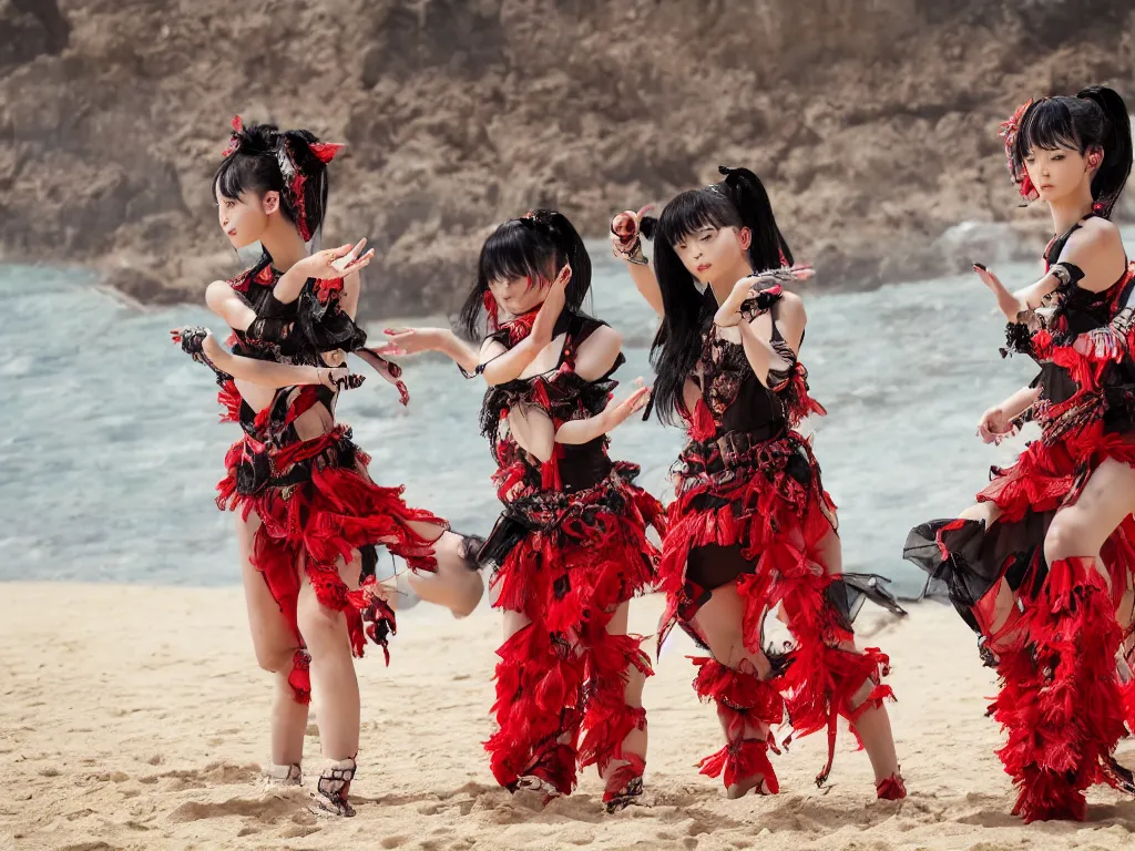 Prompt: babymetal 3 beautiful members performing on a tropical beach beautiful scenery, highly detail face, dynamic pose, High Definition detail, 8K, photography